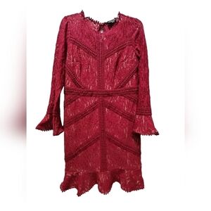 NWT Large Red Lace Ruffle Hem and Sleeves Party Midi Dress
